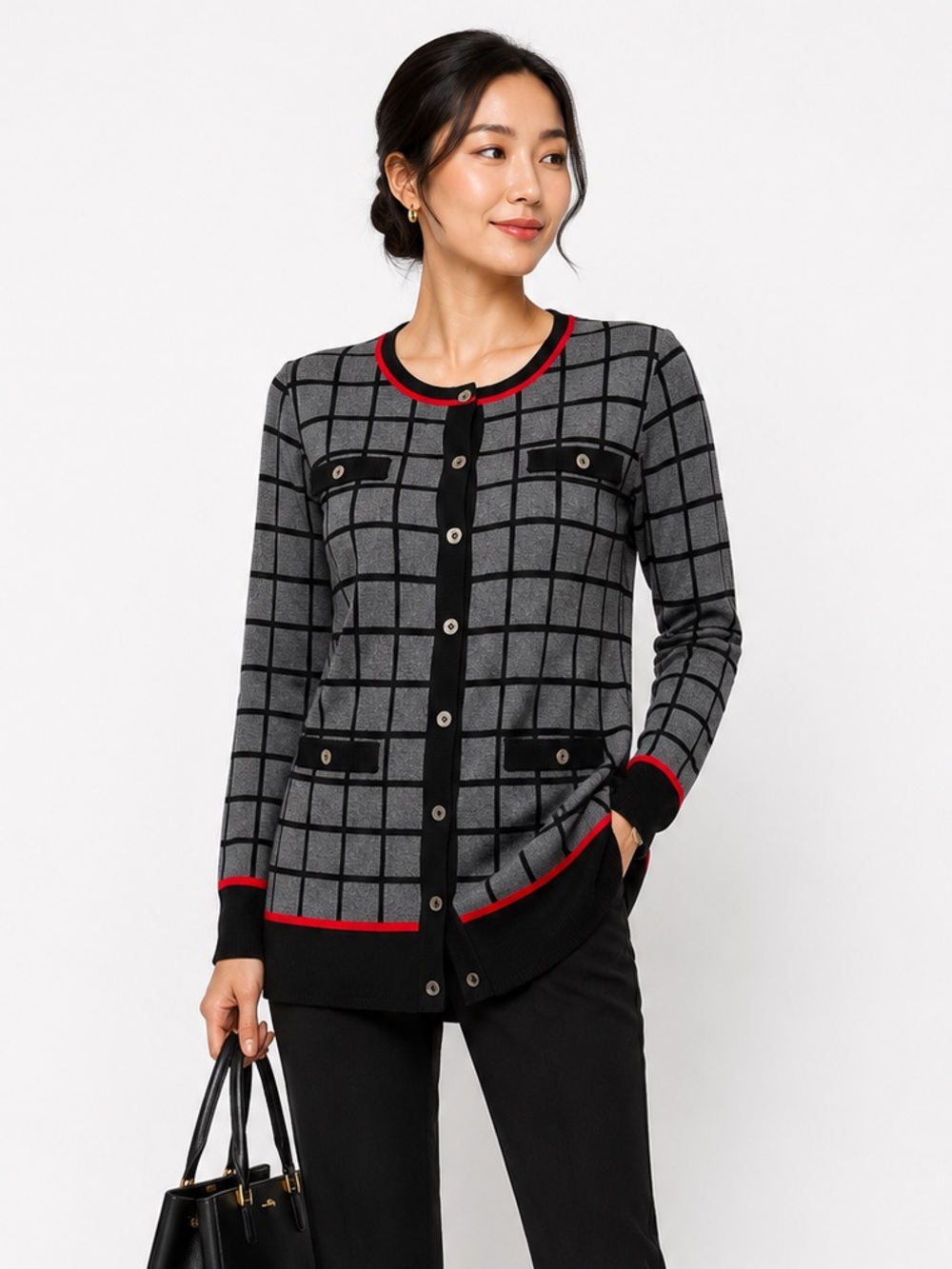 Karl Lagerfeld Paris Windowpane Cardigan Sweater Gray Black Red Size Medium
